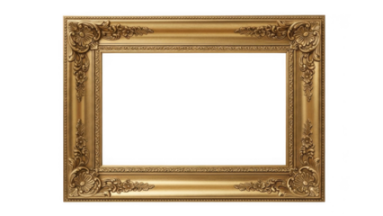 Elegant Antique Gold Picture Frame with Intricate Floral Carvings and Decorative Corners Isolated on White Background for Fine Art Display