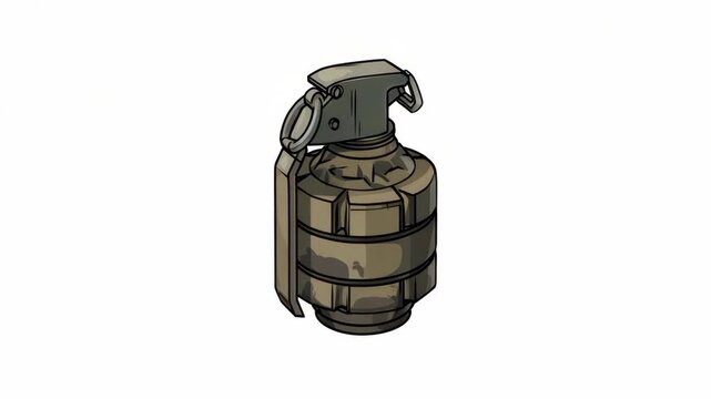 Hand grenade illustration with olive green and metal details on white background