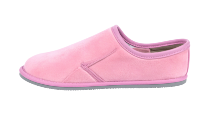 Side profile of a light pink slipper with gray sole and pink trim on a black background