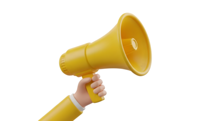 Hand holding a yellow megaphone isolated on transparent background