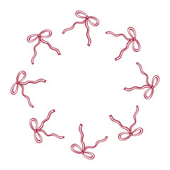 Whimsical red bows in round frame. Copy space with bows.