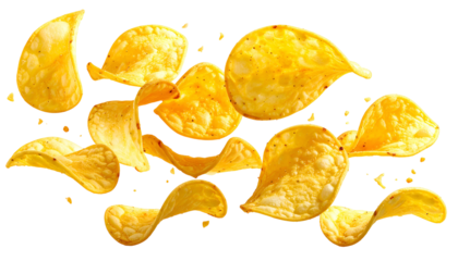 Floating, crispy golden potato chips isolated on black background, full of flavor