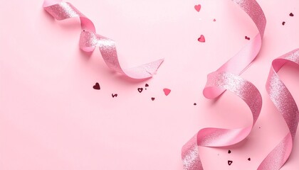 Festive pink background with glittery ribbons and heart confetti