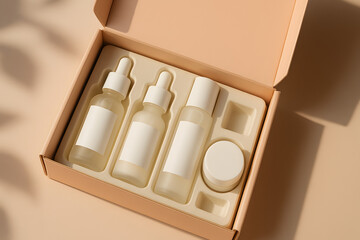 An open cardboard box containing various skincare products, including bottles and a jar, arranged in a custom foam insert, on a beige surface with shadows cast by plants.