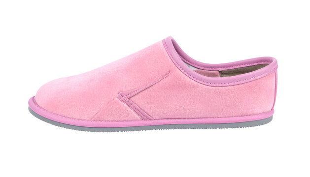 Side profile of a light pink slipper with gray sole and pink trim on a black background