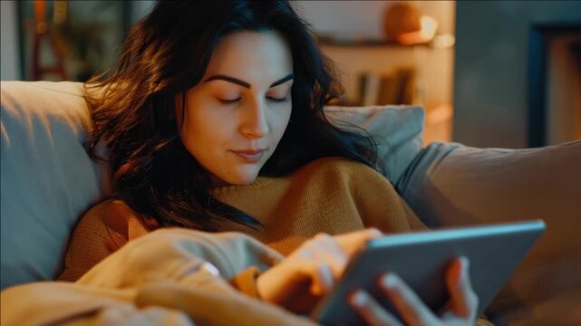 This captures a moment of relaxation and technology integration. The woman, comfortably nestled on her couch with a cozy blanket, is engrossed in reading from an e-reader