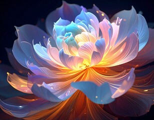 Close-up of a glowing, ethereal flower with layered petals in shades of blue, pink, and gold against a dark background