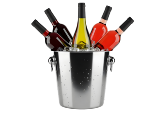 Wine bottles in a metal bucket on transparent background for chilling