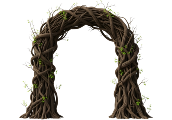 Brown vine archway with green leaves isolated on transparent background for decoration