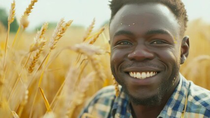 The depicts a smiling young adult male standing amidst tall, ripe wheat stalks. His facial expression conveys joy and contentment.