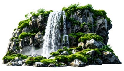 Lush waterfall cascading over moss-covered rocks, a serene natural landscape
