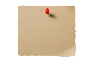 Red push pin on beige torn paper note in soft studio lighting on white background for office supplies