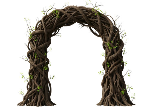 Brown vine archway with green leaves isolated on transparent background for decoration