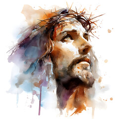 A man is depicted with a crown of thorns on his head. His face shows deep thought and emotion. The background includes flowing colors and textures that enhance the scene's mood.