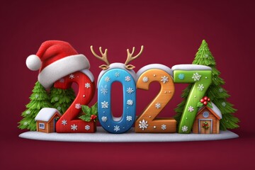 Festive 2027 Christmas numbers with holiday decorations, colorful winter illustration featuring snow, trees and ornaments for seasonal celebration designs

