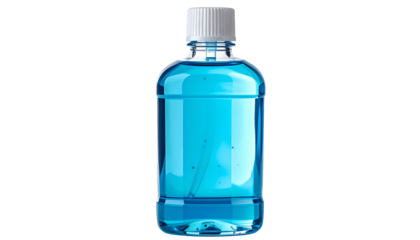 A transparent bottle filled with blue liquid against a black background