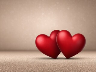 Two red heart shapes side by side on soft neutral background, romantic minimal still life with warm light symbolizing love, connection and Valentine themes
