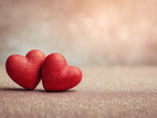 Two red heart shapes resting on soft textured surface with warm romantic lighting, minimal love background ideal for valentines day and emotional design concepts
