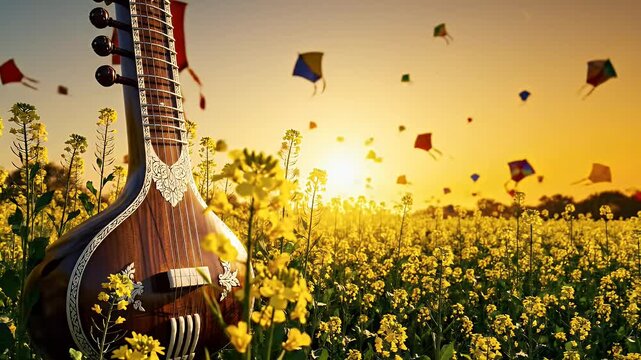 Basant Panchami celebration with glowing veena mustard flowers and flying kites in spring