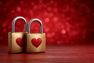 Romantic heart padlocks symbolizing love and commitment on red bokeh background, elegant valentine themed concept with warm lighting and emotional mood
