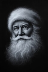 Classic Santa Claus portrait in dramatic low light, detailed realistic illustration with soft fur hat and expressive face on dark background for Christmas themes
