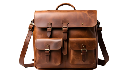 A detailed, high-angle shot of a brown leather satchel with multiple pockets and buckles