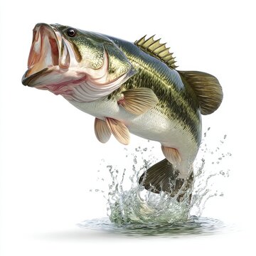 Largemouth bass jumping out of water with dynamic splash, realistic high detail illustration on white background for fishing, sport and outdoor concepts
