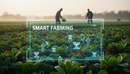 Farmers working in a lush green field with smart farming technology  