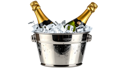Two champagne bottles chill in a silver ice bucket against a black background
