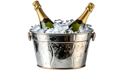 Two green bottles of bubbly champagne chilled in a silver bucket with ice