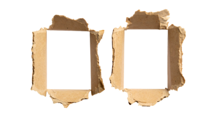 Two torn, irregular cardboard frames with black centers against a black background