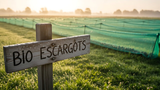 Organic snail farm sign in morning light with green netting background  