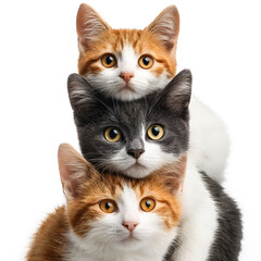 Three cats are arranged in a stack with one on top of another. Each cat has a different color and pattern, making it interesting to view their unique features and expressions.