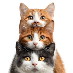 Three cats are arranged in a stack with one on top of another. Each cat has a different color and pattern, making it interesting to view their unique features and expressions.