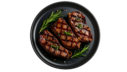 Top-down shot of grilled steaks with rosemary on a black plate, isolated on black background