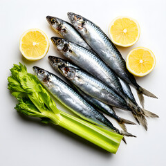 Five whole fish are placed next to sliced lemons and a stalk of celery on a clean kitchen surface, preparing for a cooking process in a bright area.