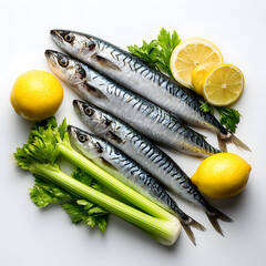 Five whole fish are placed next to sliced lemons and a stalk of celery on a clean kitchen surface, preparing for a cooking process in a bright area.