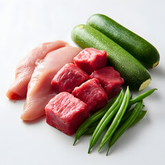 Several pieces of raw chicken and beef are placed alongside green beans and zucchini on a plain surface. The setting looks bright and suitable for meal preparation.