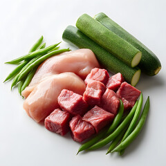 Several pieces of raw chicken and beef are placed alongside green beans and zucchini on a plain surface. The setting looks bright and suitable for meal preparation.