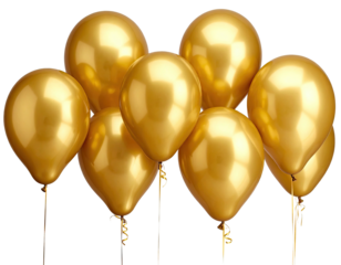 Shiny gold balloons clustered together on a black backdrop