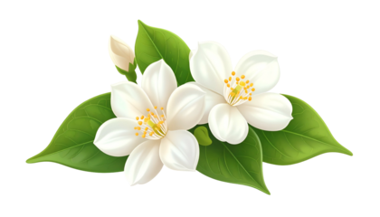 Detailed floral illustration showcasing white jasmine blooms with green leaves and a black background