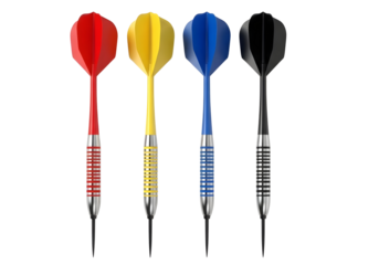 Four colorful darts with different colored flights and barrels on transparent background