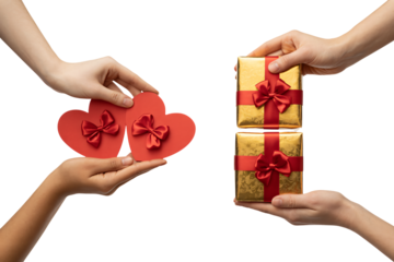 Hands Exchanging Heart-Shaped Cards and Gift Boxes in Red and Gold with Soft Focus for Valentines Day