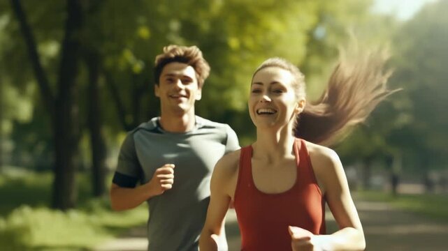 A joyful man and woman enjoying a run outdoors.