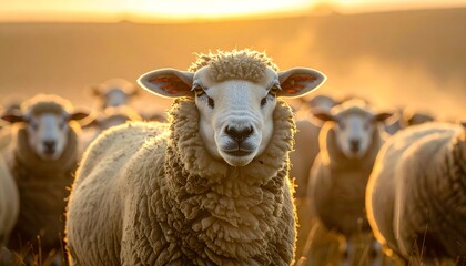 Close-up of a sheep in a flock, bathed in warm sunset light. The animals' faces and wool are detailed