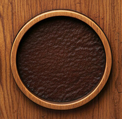 Overhead View of Round Wooden Tray with Dark Textured Center on Wood Background