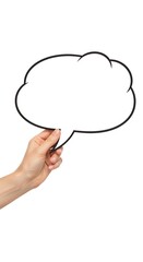 Hand holding blank thought bubble for communication.