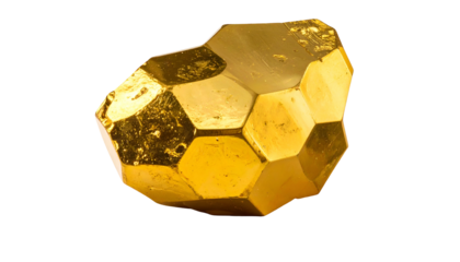 A close-up of a faceted, golden-colored, roughly hexagonal geometric crystalline formation