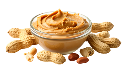 Creamy, smooth peanut butter in a glass bowl, surrounded by peanuts in their shells