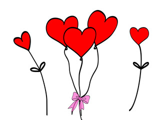 Red heart balloons with bows on a white background. Vector illustration.
